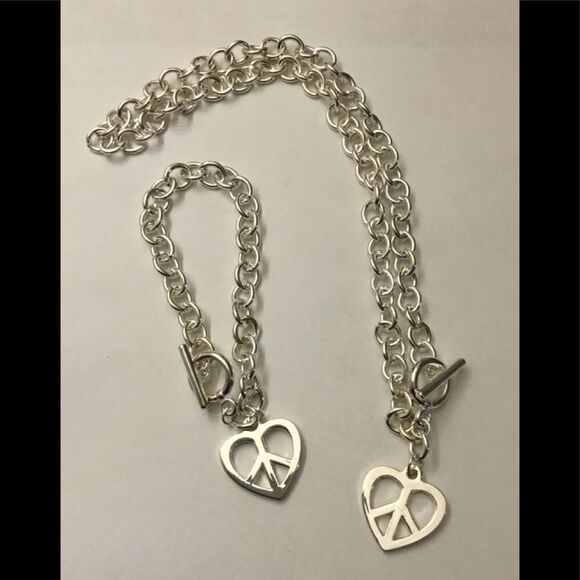 Silver Heart & Peace Charm Combo Necklace/Bracelet - Picture 1 of 1